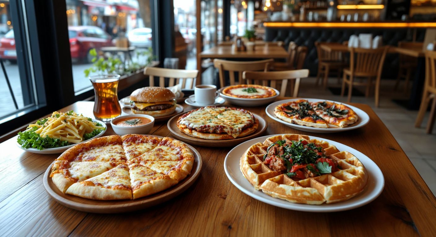 A wooden table in a cozy Istanbul café is filled with plates of crispy börek, a sizzling kaşarlı menemen, a juicy cheeseburger, a steaming bowl of köri soslu tavuklu makarna, a freshly baked Margherita pizza, and a golden waffle topped with cream, surrounded by steaming cups of Turkish tea and coffee.