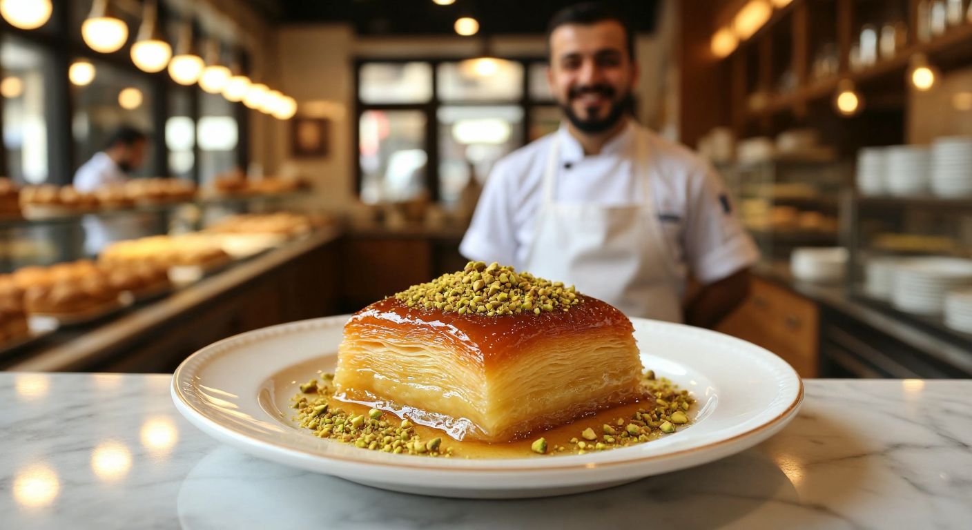 A golden, syrup-drenched **Sütlü Nuriye** dessert on a white porcelain plate, garnished with crushed pistachios, placed on a marble counter in a bustling Turkish bakery with warm lighting and a baker in a white apron smiling proudly.