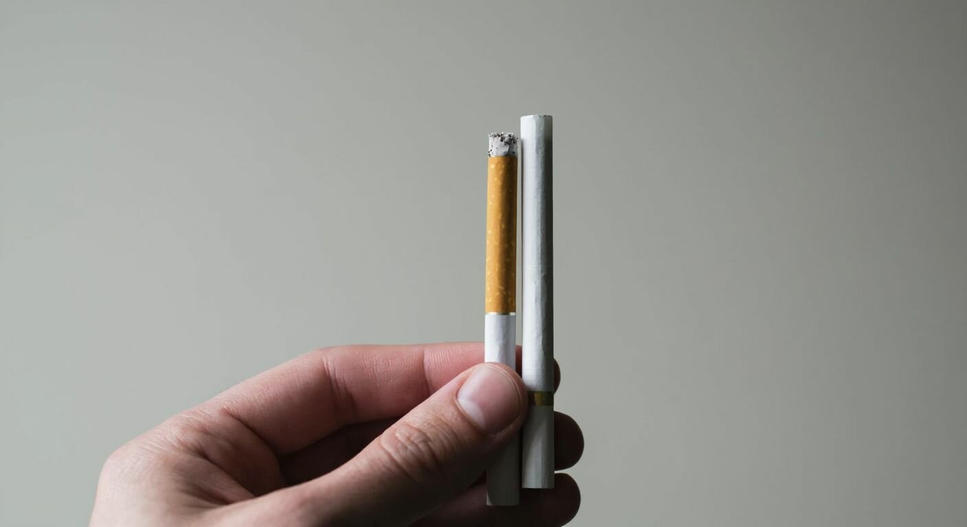 A hand holding two cigarettes of different lengths—one long and one short—against a neutral background, with a subtle focus on their filters and paper.