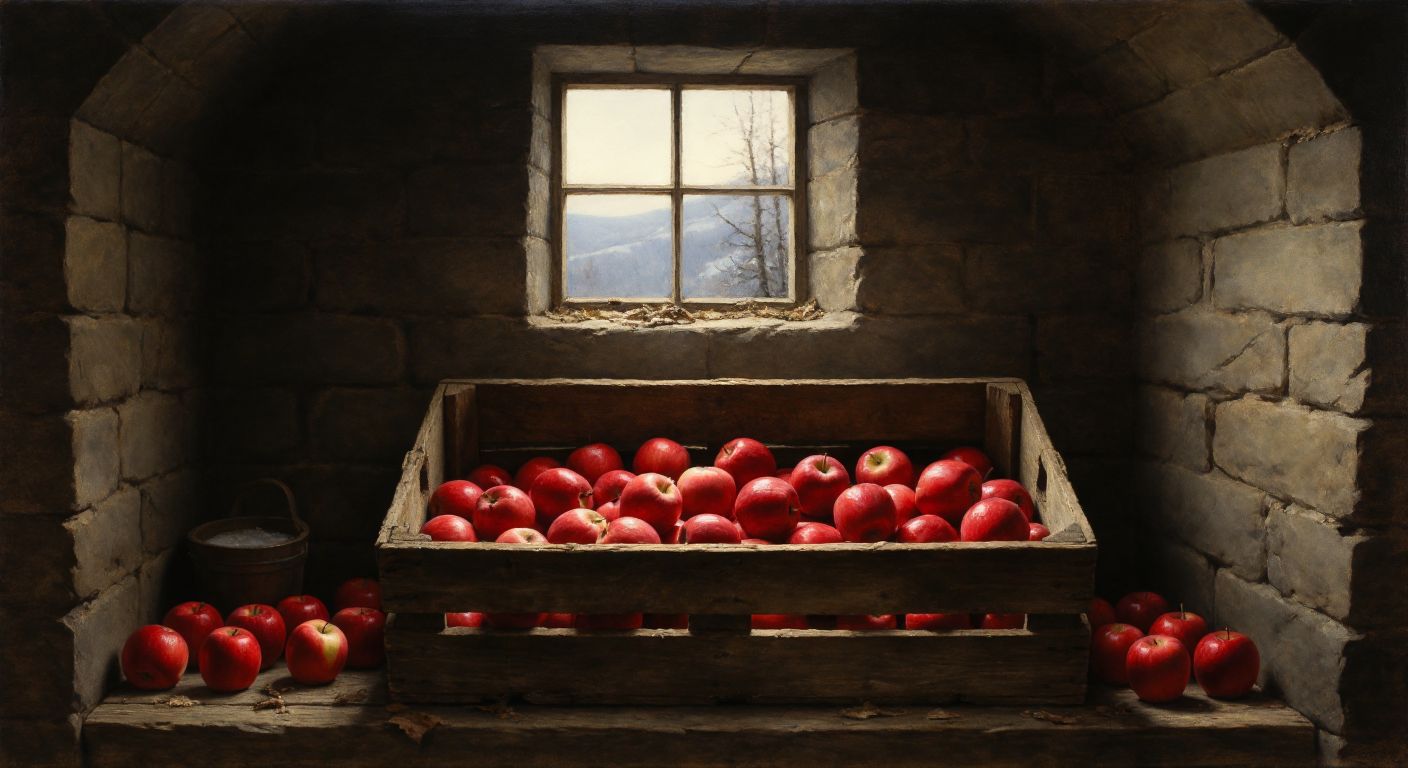 A rustic wooden crate filled with crisp red apples sits in a dim, cool cellar with stone walls, while a faint winter light filters through a small high window.