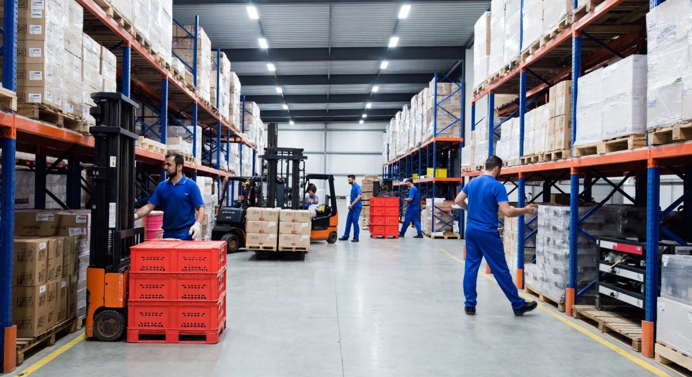 A bustling Turkish warehouse with workers in blue uniforms organizing stacked crates, forklifts moving pallets, and shelves neatly stocked with industrial tools under bright fluorescent lights.