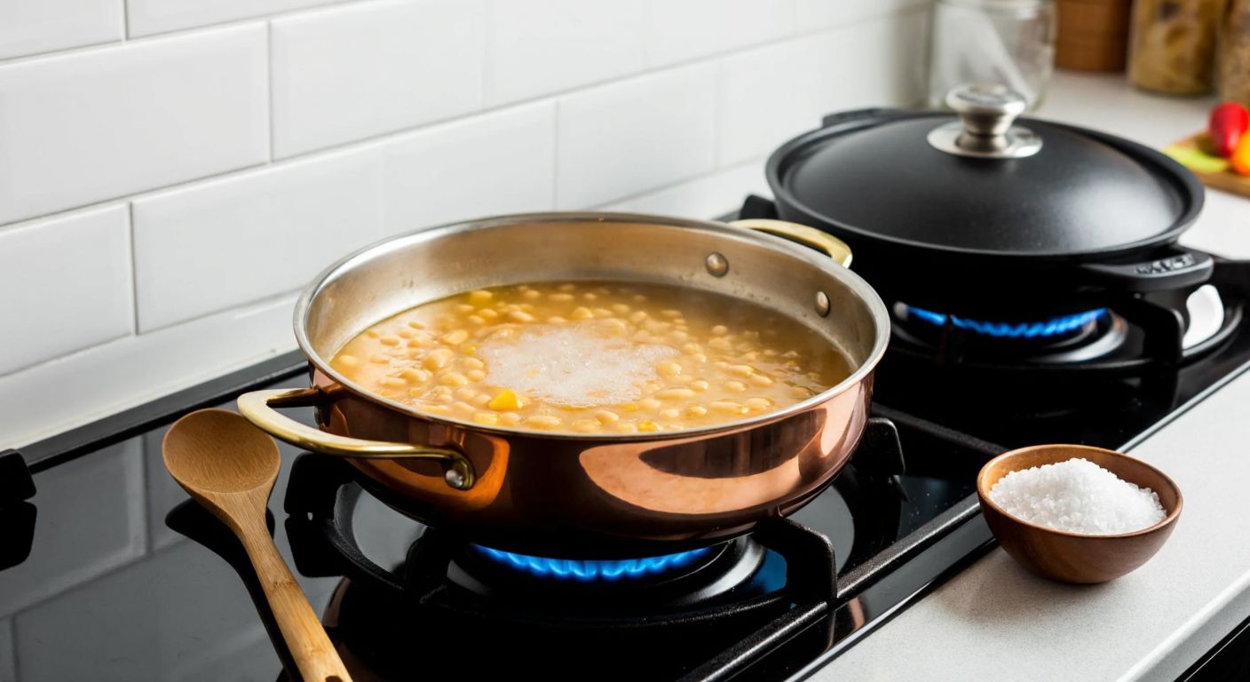 A warm Turkish kitchen with a bubbling pot of sugar beans on the stove, a wooden spoon resting beside it, and a small bowl of sugar ready to be added, evoking a cozy, homey cooking moment.