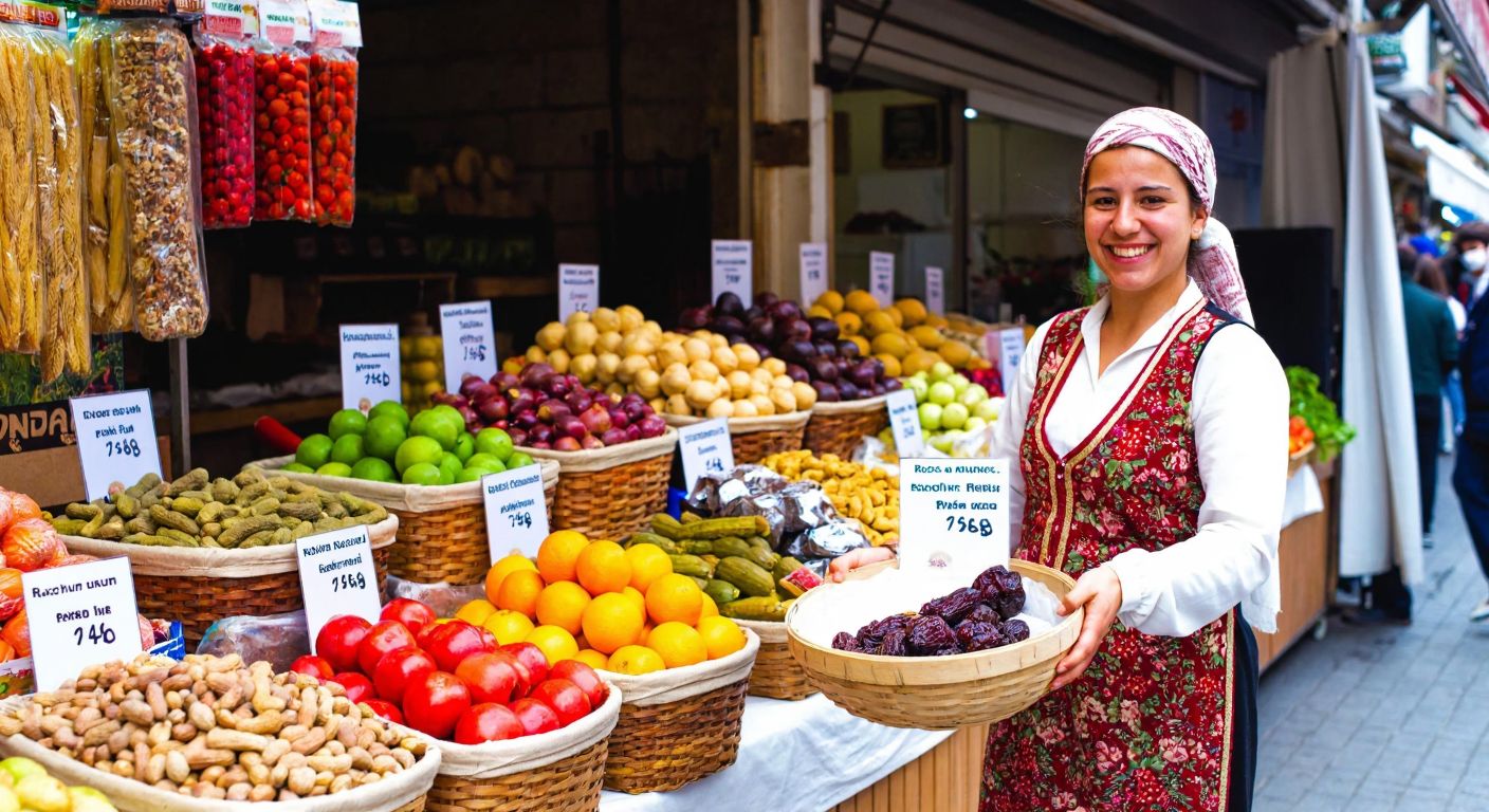 A vibrant Turkish marketplace stall displaying fresh, organic Rawsome-branded food products, with a smiling vendor in traditional attire holding a basket of colorful fruits and nuts.