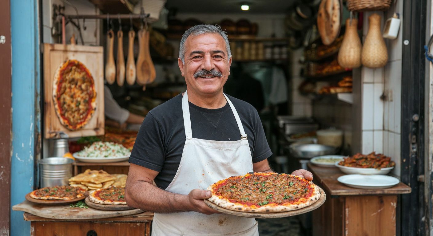 A smiling middle-aged man with a mustache, wearing a white apron, stands proudly in front of a small, bustling lahmacun shop in Turkey, holding a freshly baked lahmacun on a wooden peel.