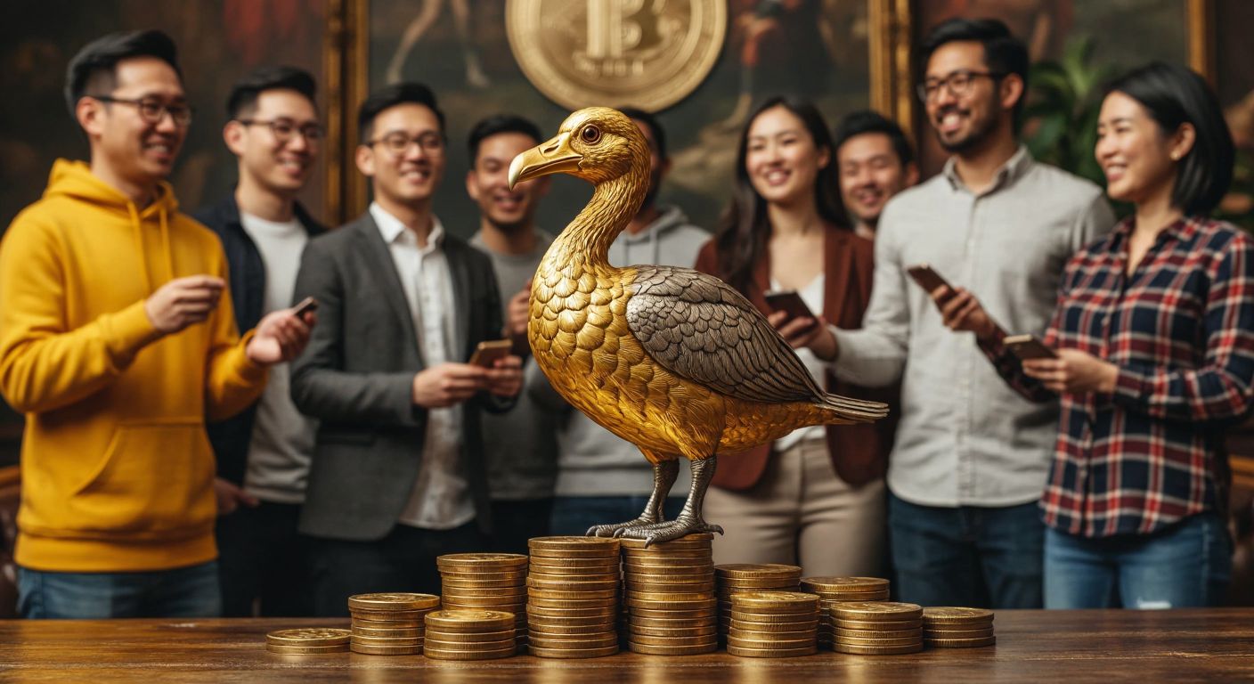 A golden coin with a dodo bird engraved on it sits atop a stack of smaller coins, surrounded by a diverse group of people in modern casual attire exchanging tokens with eager expressions.