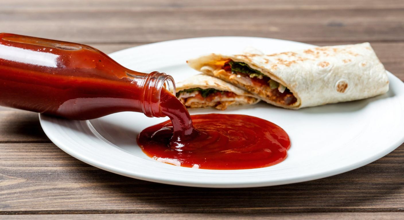 A glass bottle of ketchup tilted over a plate, with watery red liquid pooling around a thick blob of ketchup, set on a wooden table beside a half-eaten dürüm wrap.