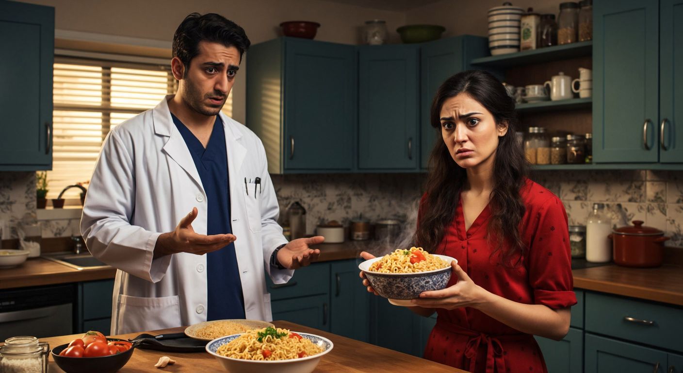 A concerned Turkish woman in a kitchen holds a steaming bowl of Indomie noodles while a doctor in a white coat gestures cautionarily beside her.