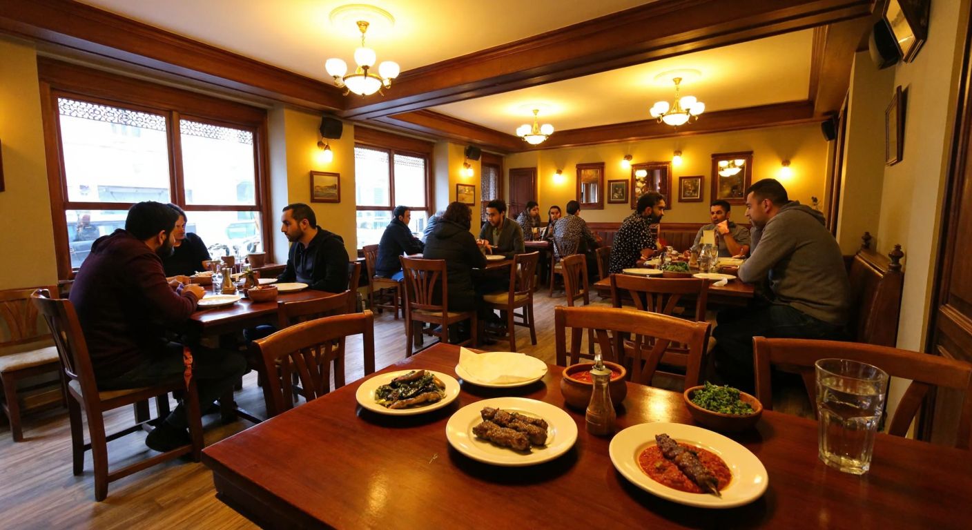 A warmly lit traditional Turkish restaurant in Beyoğlu, with wooden tables adorned with plates of kebabs and mezze, surrounded by locals chatting and enjoying their meals.