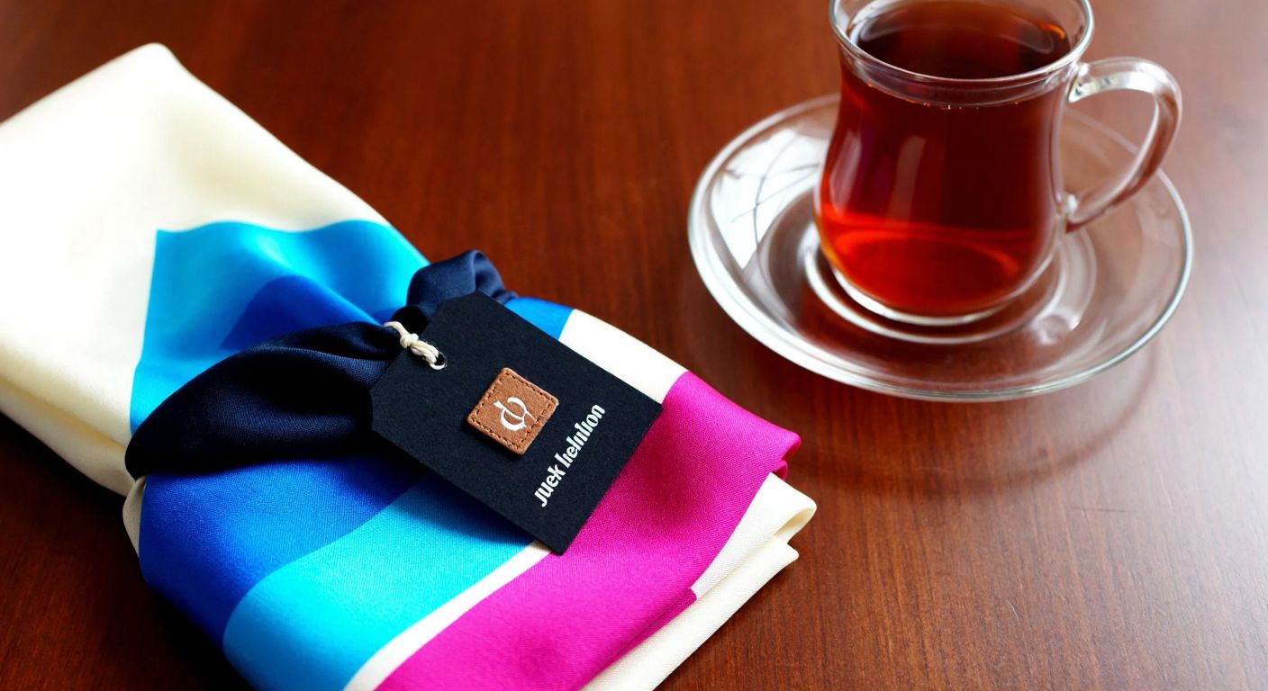 A neatly folded, colorful silk scarf with a small fabric tag attached, resting on a wooden table beside a steaming cup of Turkish tea.