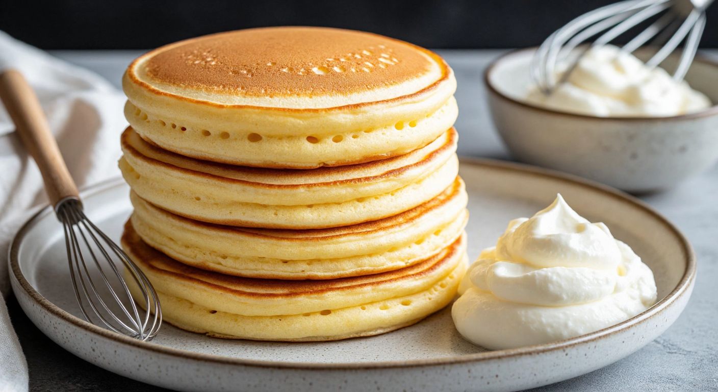 A fluffy stack of golden-brown Japanese pancakes, light and airy with visible bubbles in the cross-section, resting on a ceramic plate beside a whisk and a bowl of whipped egg whites, evoking warmth and delicate texture.