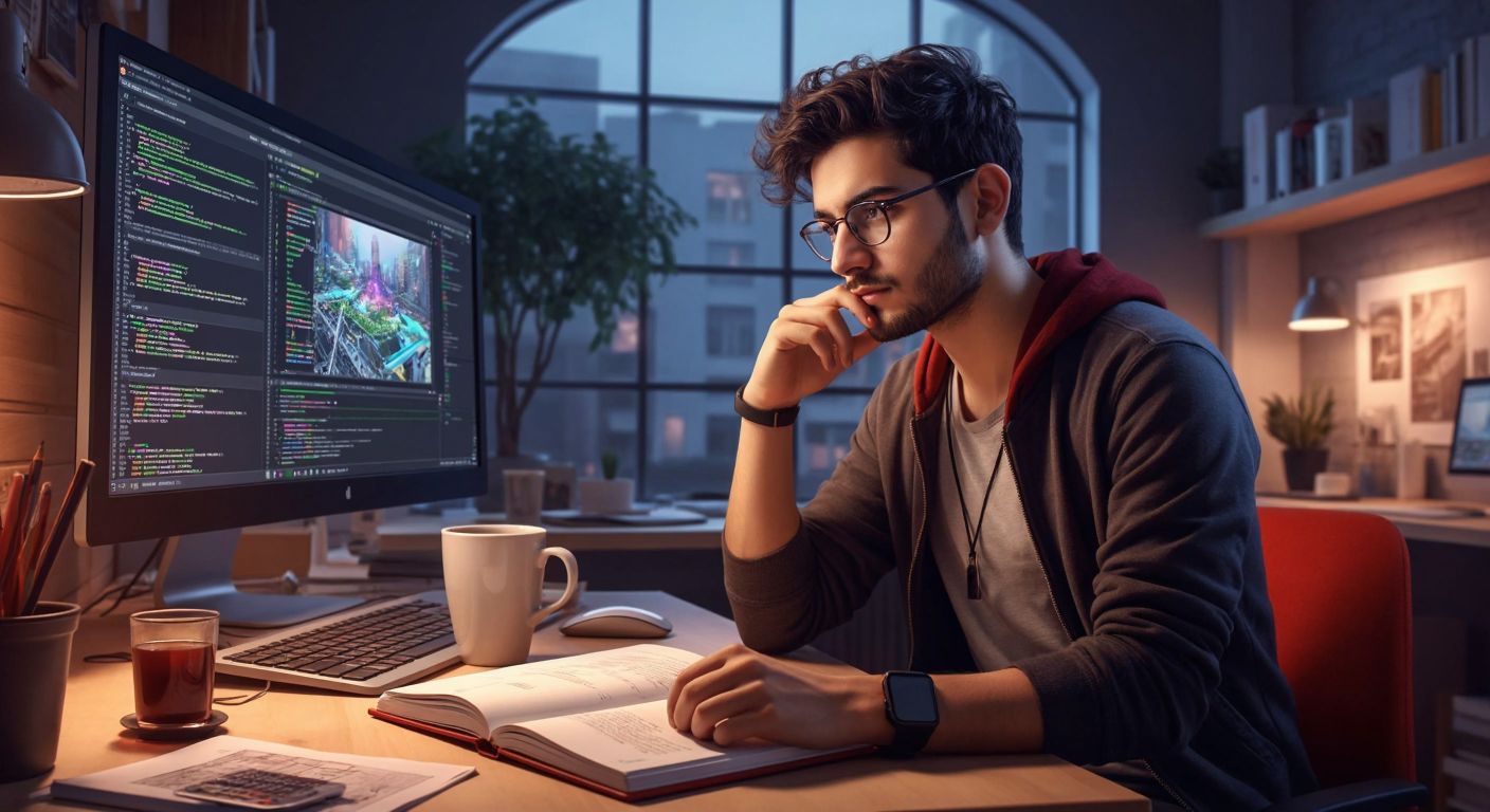 A young Turkish software developer in a modern office, thoughtfully reviewing code on a monitor while holding a cup of Turkish tea, with a notebook open to backend architecture sketches.