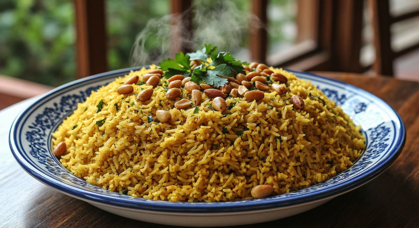 A steaming plate of golden-yellow rice pilaf, garnished with toasted pine nuts and fresh parsley, sits on a traditional Turkish ceramic plate with a simple blue pattern, evoking warmth and comfort.