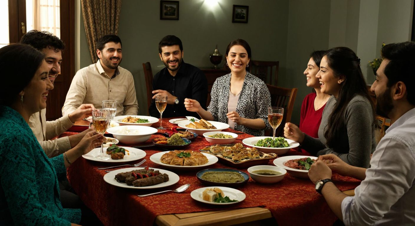 A warm, bustling Turkish family dinner scene with a large table laden with dishes like kebabs, mezes, and baklava, surrounded by smiling people of different ages engaged in lively conversation and laughter.