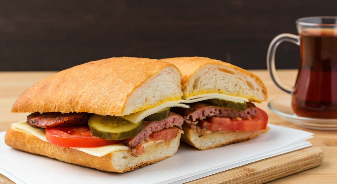 A golden-brown sandwich loaf sliced open, filled with layers of grilled sausage, melted cheese, fresh tomatoes, and pickles, resting on a wooden table with a Turkish tea glass nearby.