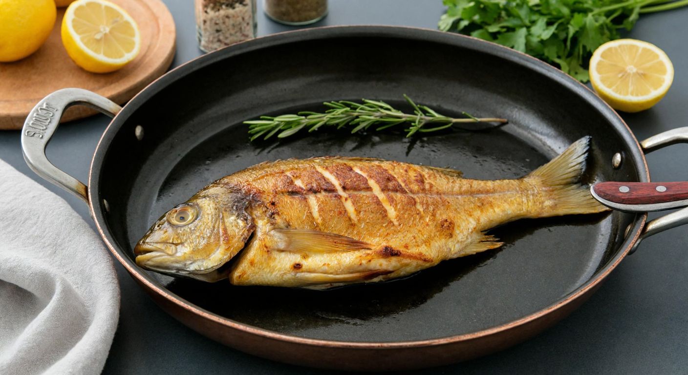 A golden-brown fish sizzling in a traditional Turkish Taşpınar pan, with fresh lemon slices and herbs nearby, set against a rustic kitchen backdrop.