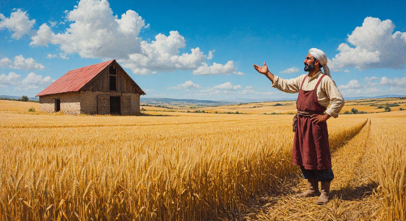 A vast golden wheat field under a bright blue sky, with a farmer in traditional Turkish clothing standing beside a partially built red-roofed wooden barn, gesturing toward the open land with a thoughtful expression.