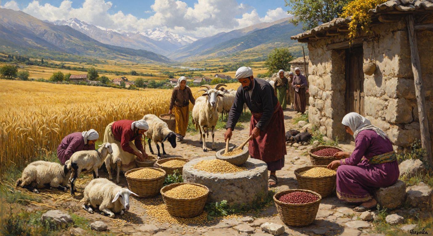 A rustic scene in Hacılar village with villagers tending to golden wheat fields, herding sheep and goats, and grinding grain on a stone quern, surrounded by baskets of lentils and fresh produce.