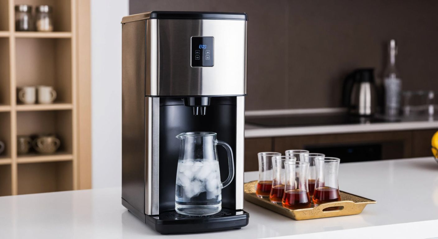 A sleek, stainless steel water dispenser (Uğur USP 85) stands in a bright Turkish kitchen, its transparent tank filled with cool water, next to a tray of traditional tulip-shaped glasses.