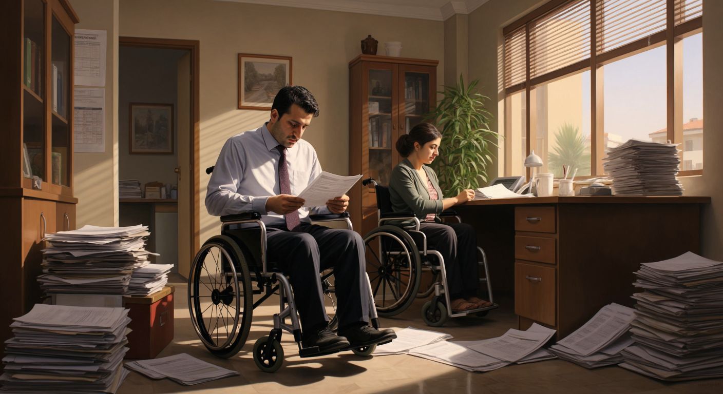 A Turkish accountant in a modest office carefully reviews a disability certificate and a payslip while a person with a wheelchair waits attentively nearby, surrounded by stacks of paperwork and a calculator.