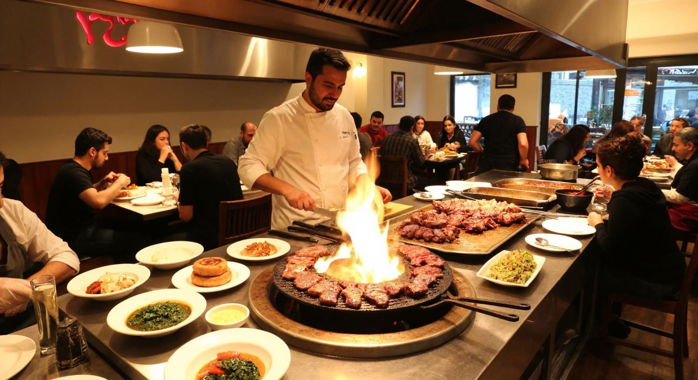A bustling Ankara kebab restaurant with a skilled chef grilling succulent meat over an open flame, surrounded by eager diners enjoying traditional Turkish dishes in a warm, inviting atmosphere.
