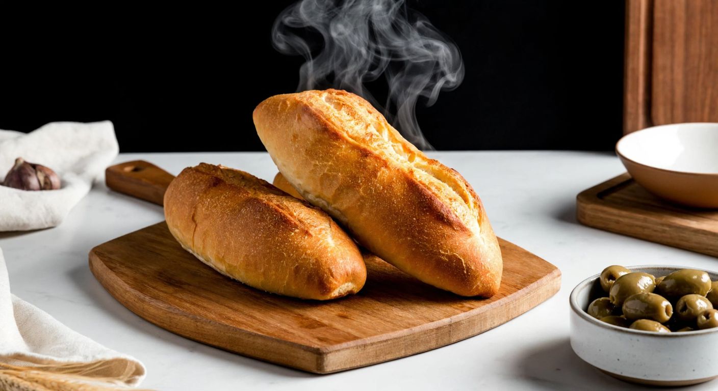 A warm, golden-brown mini baguette fresh out of a home oven in Turkey, placed on a wooden cutting board with steam rising, surrounded by a cozy kitchen setting and a bowl of olives nearby.