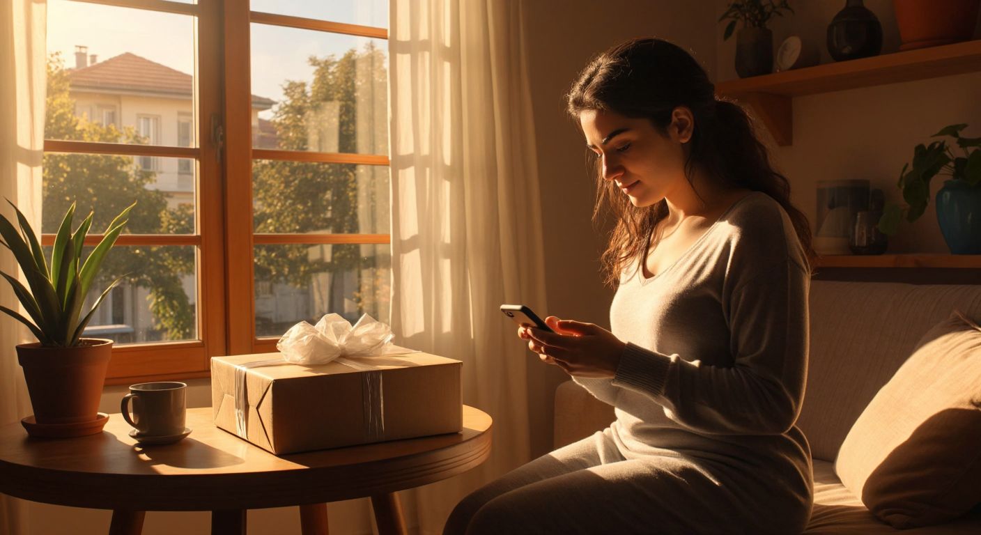 A Turkish woman in a cozy home setting checks her phone while a neatly packed return package sits on a wooden table beside her, with warm sunlight streaming through the window.