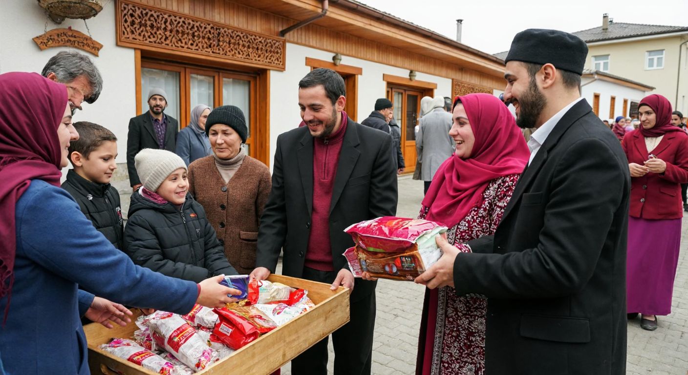 A group of diverse people in Kastamonu, wearing traditional clothing, warmly distributing food packages and household items to smiling families in a bustling community center decorated with local crafts.