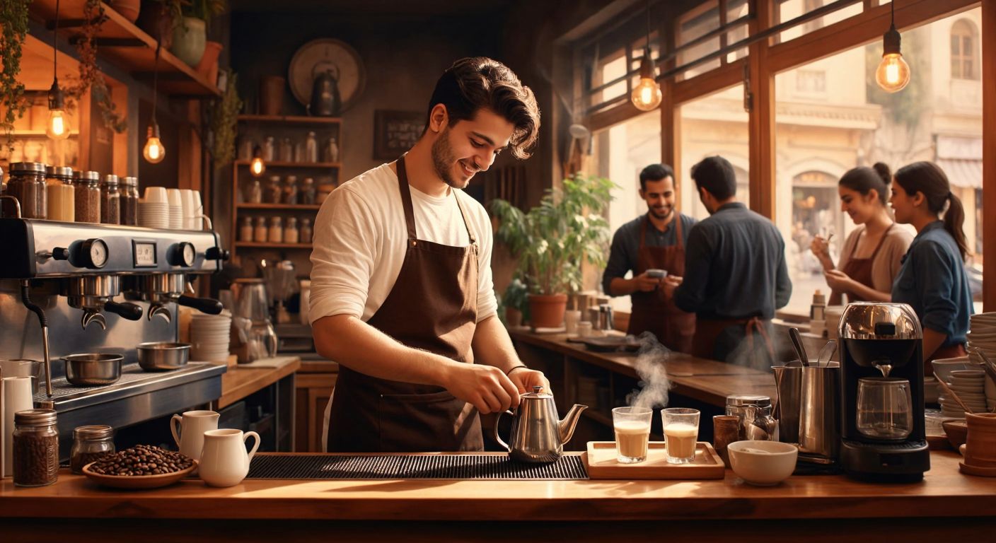 A young barista in a cozy Turkish café expertly steams milk for a latte, surrounded by aromatic coffee beans and gleaming espresso machines, while smiling customers watch in anticipation.