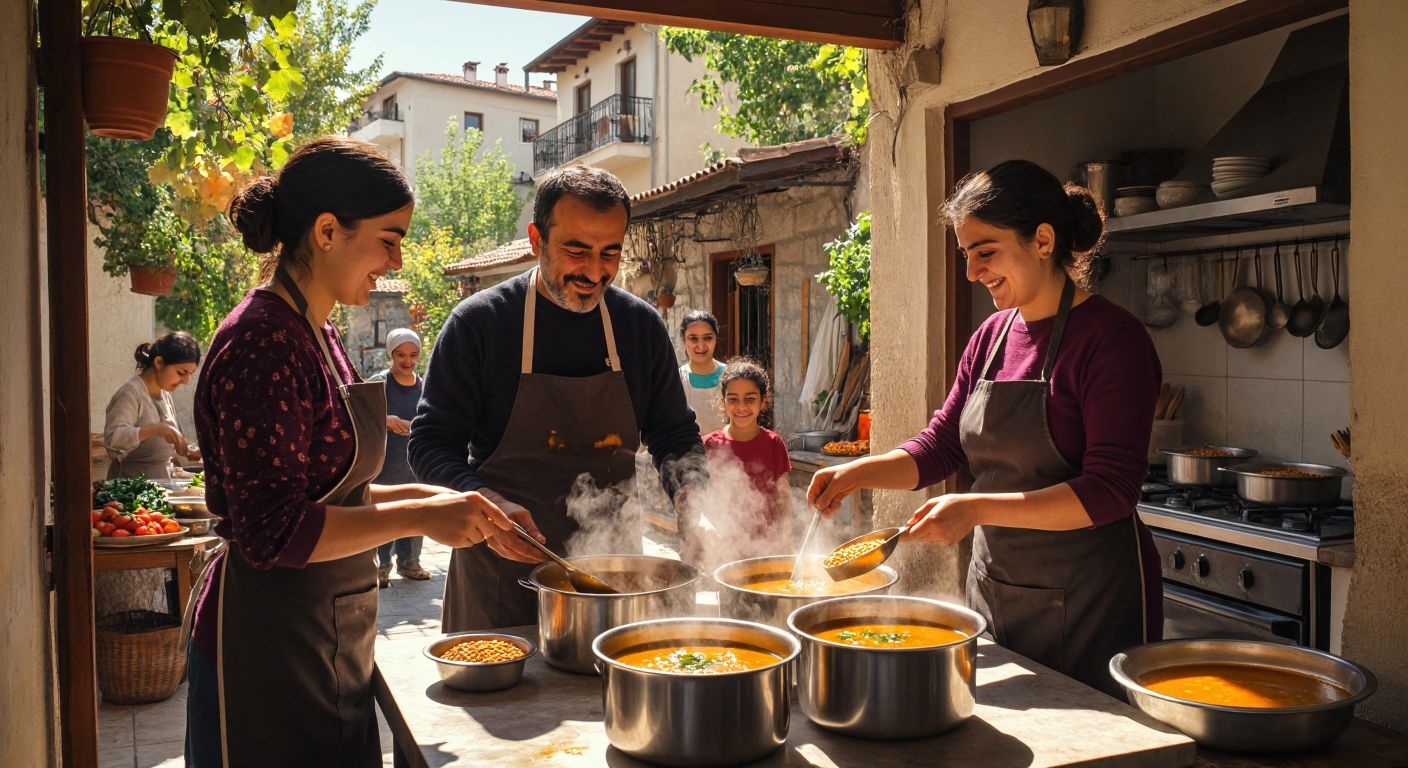 A warm Turkish kitchen scene with volunteers in aprons ladling steaming lentil soup into containers while smiling children carry sefer tasları (traditional meal carriers) to deliver food to elderly neighbors in a sunlit Denizli neighborhood.
