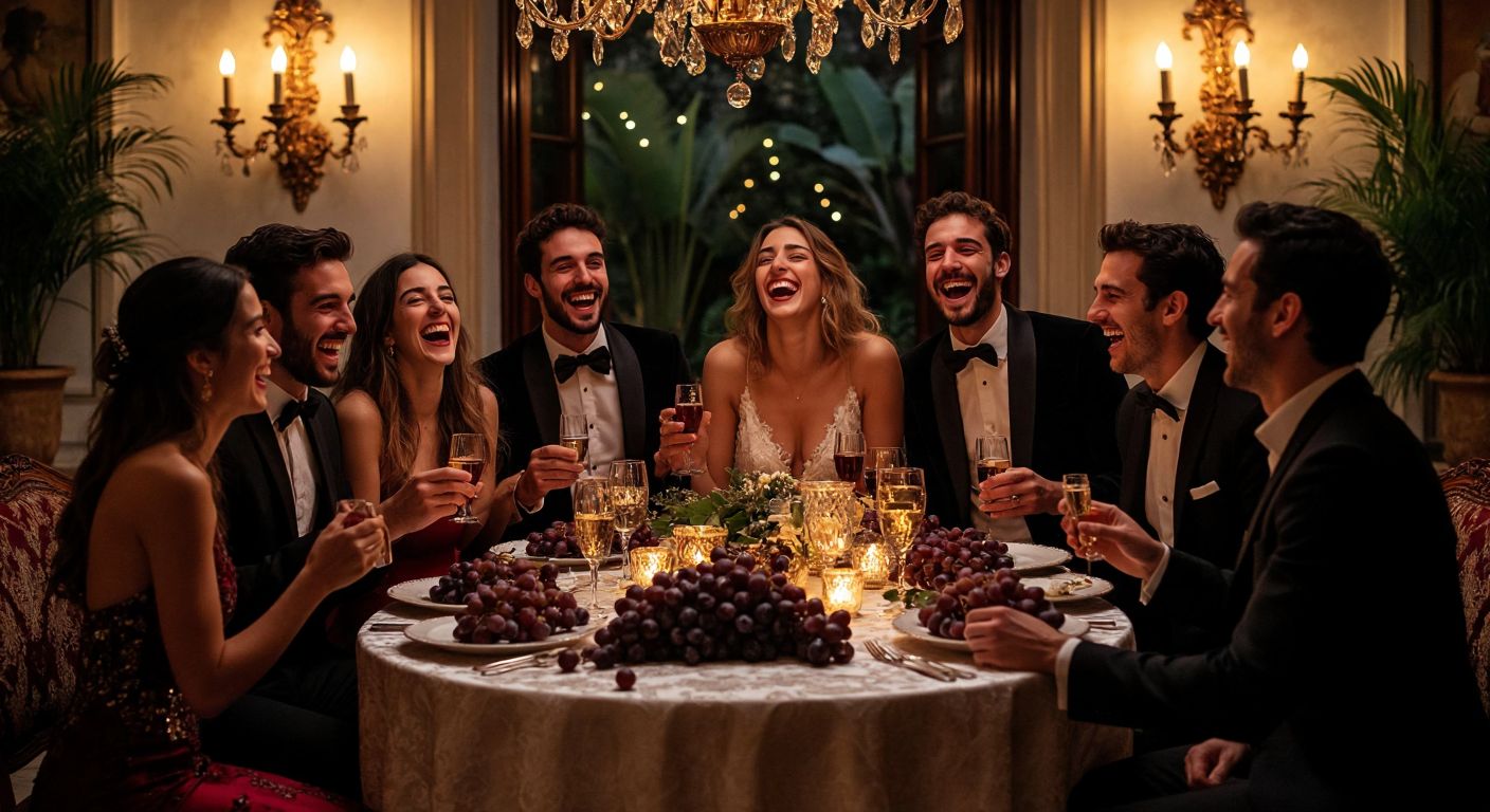 A festive group of people in Spain, gathered around a dining table at midnight, laughing as they reach under the tablecloth to eat twelve grapes, with a backdrop of elegant decor and a warm, celebratory atmosphere.
