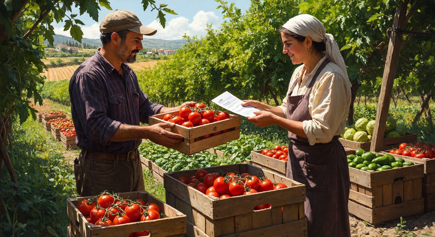 A Turkish farmer in a sunlit field hands a freshly harvested crate of tomatoes to a grocer, both exchanging a signed receipt with focused expressions, surrounded by baskets of produce and rustic wooden crates.