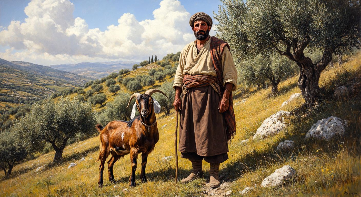 A rugged Anatolian shepherd in traditional clothing stands proudly beside a brown-haired Kıl goat grazing on a sunlit hillside dotted with olive trees.