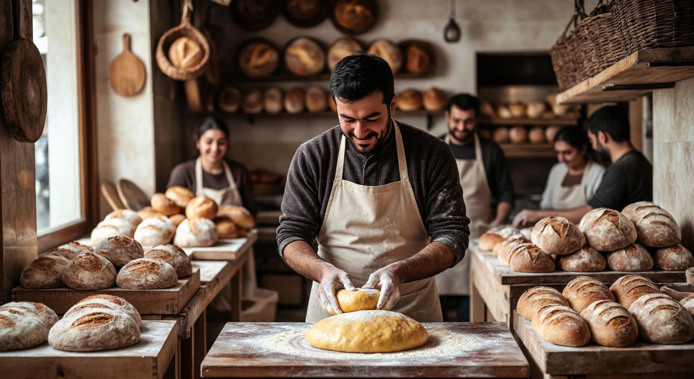 A Turkish baker in a flour-dusted apron kneads golden dough in a warm, wood-fired bakery, surrounded by freshly baked loaves and smiling customers.