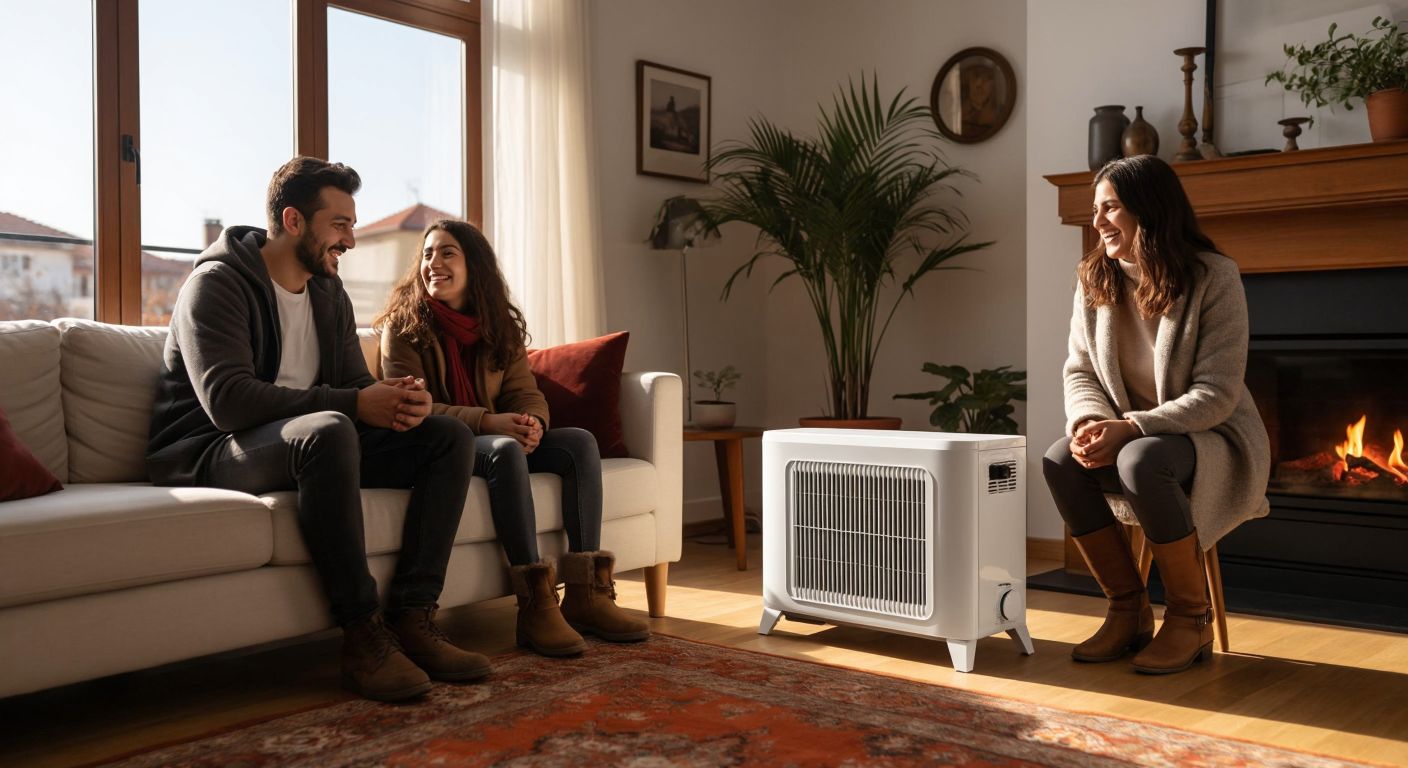 A modern, compact white heater with a sleek design sits in the corner of a cozy Turkish living room, radiating warmth as a family in winter clothes smiles nearby.