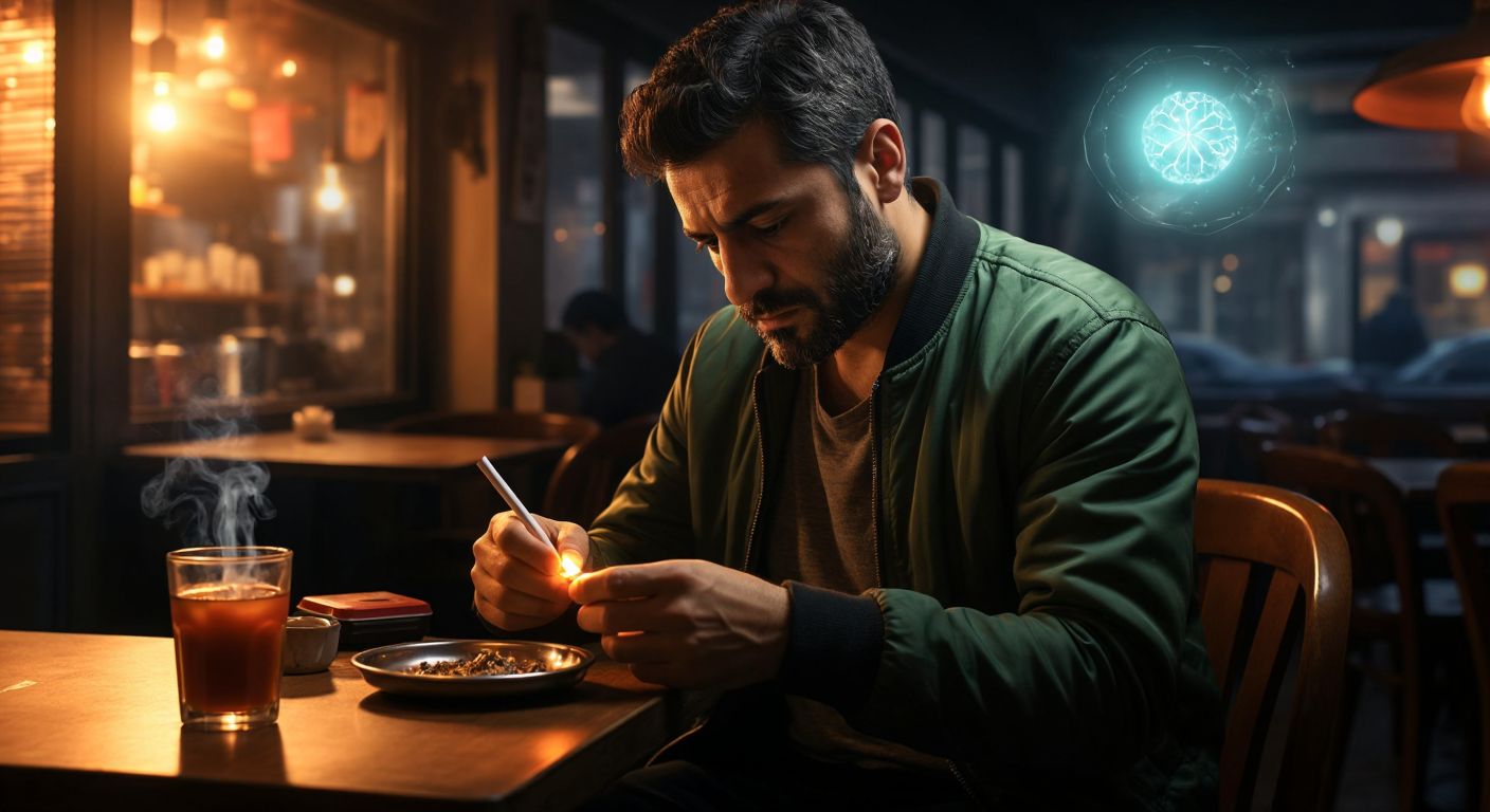 A determined Turkish man in a cozy café crushes a cigarette in an ashtray while glancing at a glowing phone screen displaying a health app.