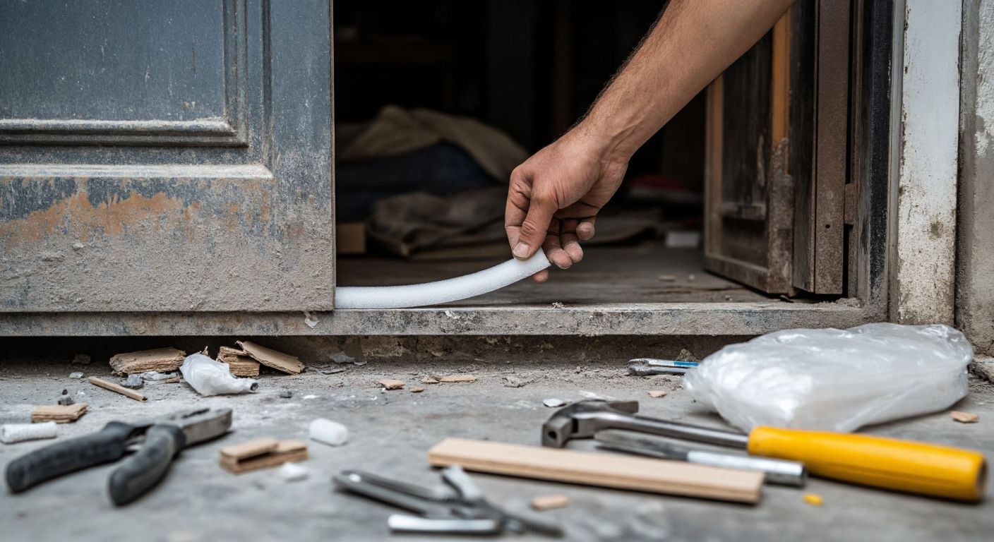A close-up of a weathered steel door in a Turkish home, with a hand pressing a foam sealing strip along its edge to fill the gap, surrounded by scattered insulation materials and tools.