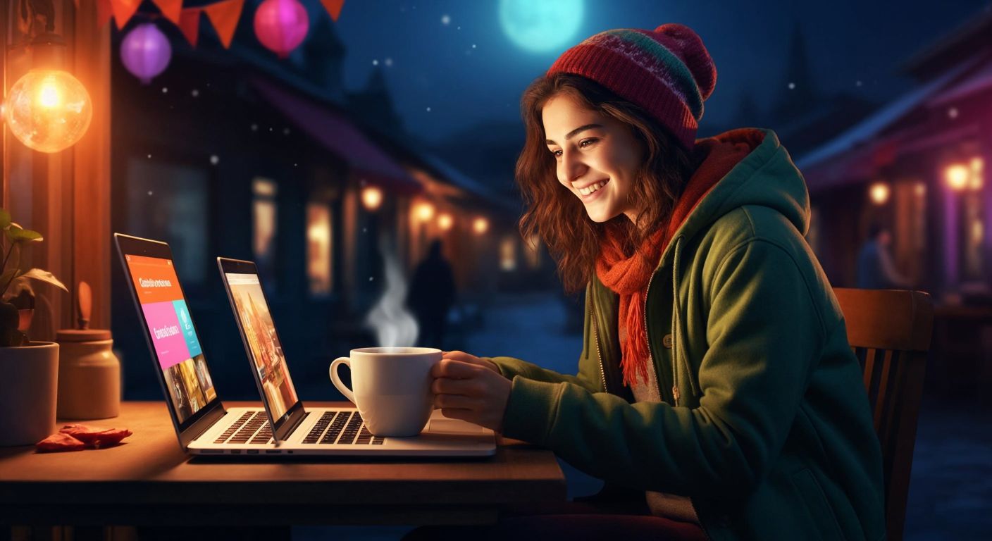 A person in Turkey sits at a laptop with a warm cup of çay, browsing a colorful gift card website while smiling, with a small donation confirmation notification glowing on the screen.