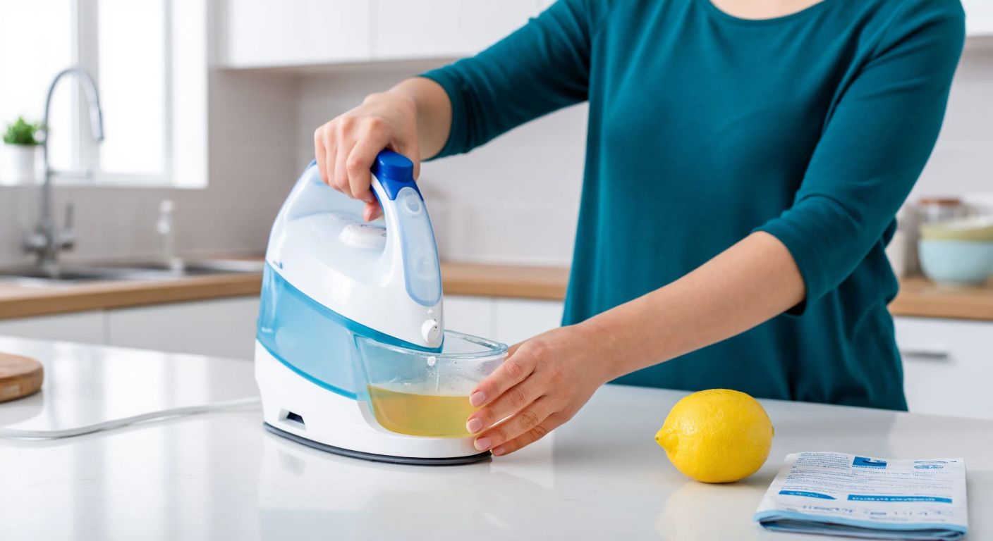 A close-up of a Turkish woman in a bright kitchen carefully pouring a mixture of water and vinegar into the water tank of a Beko iron, with a lemon and a manual resting on the counter nearby.