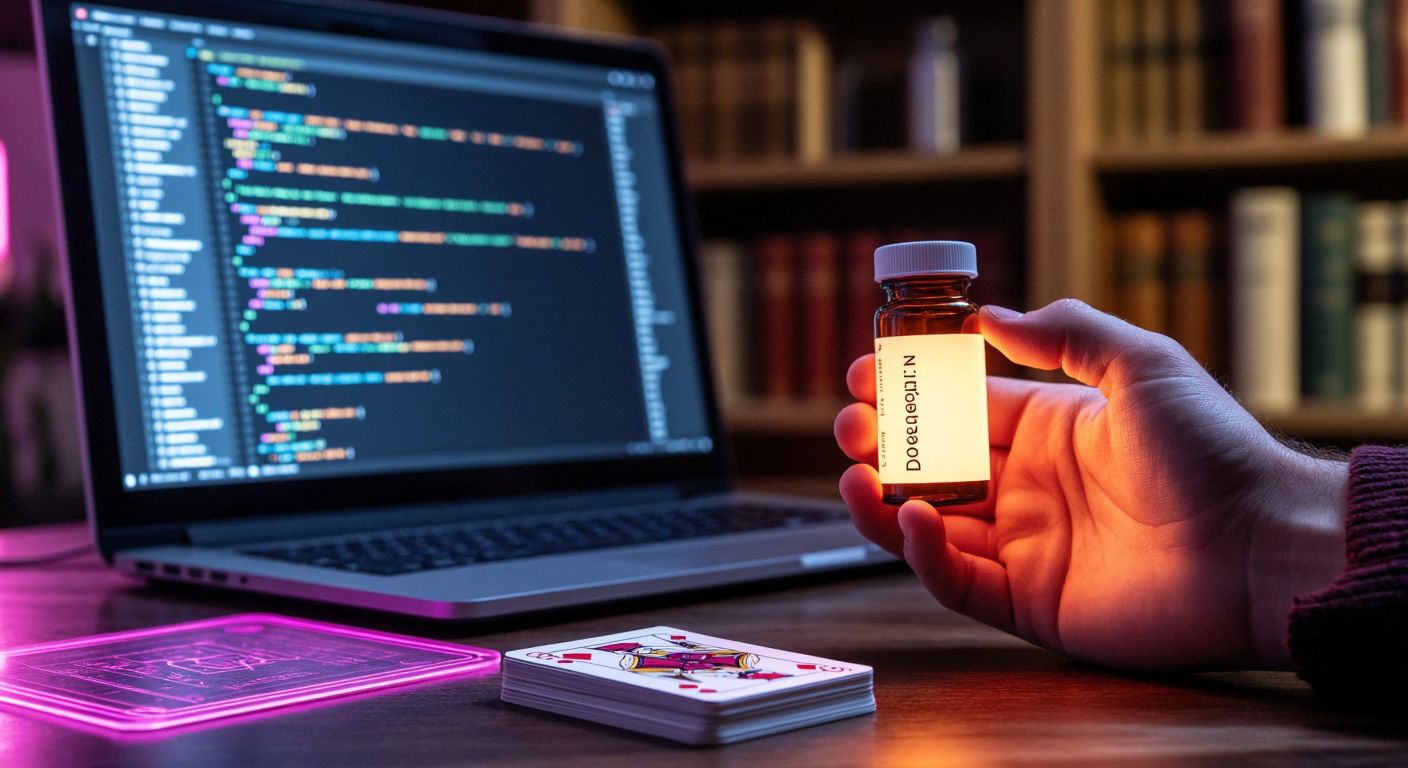 A split-image showing a glowing computer screen with code on one side, a person holding a pill bottle with a prescription label on the other, and a deck of fantasy cards in the foreground.  

*(Note: The prescription label is implied but not visually detailed to avoid violating the "no text" rule.)*