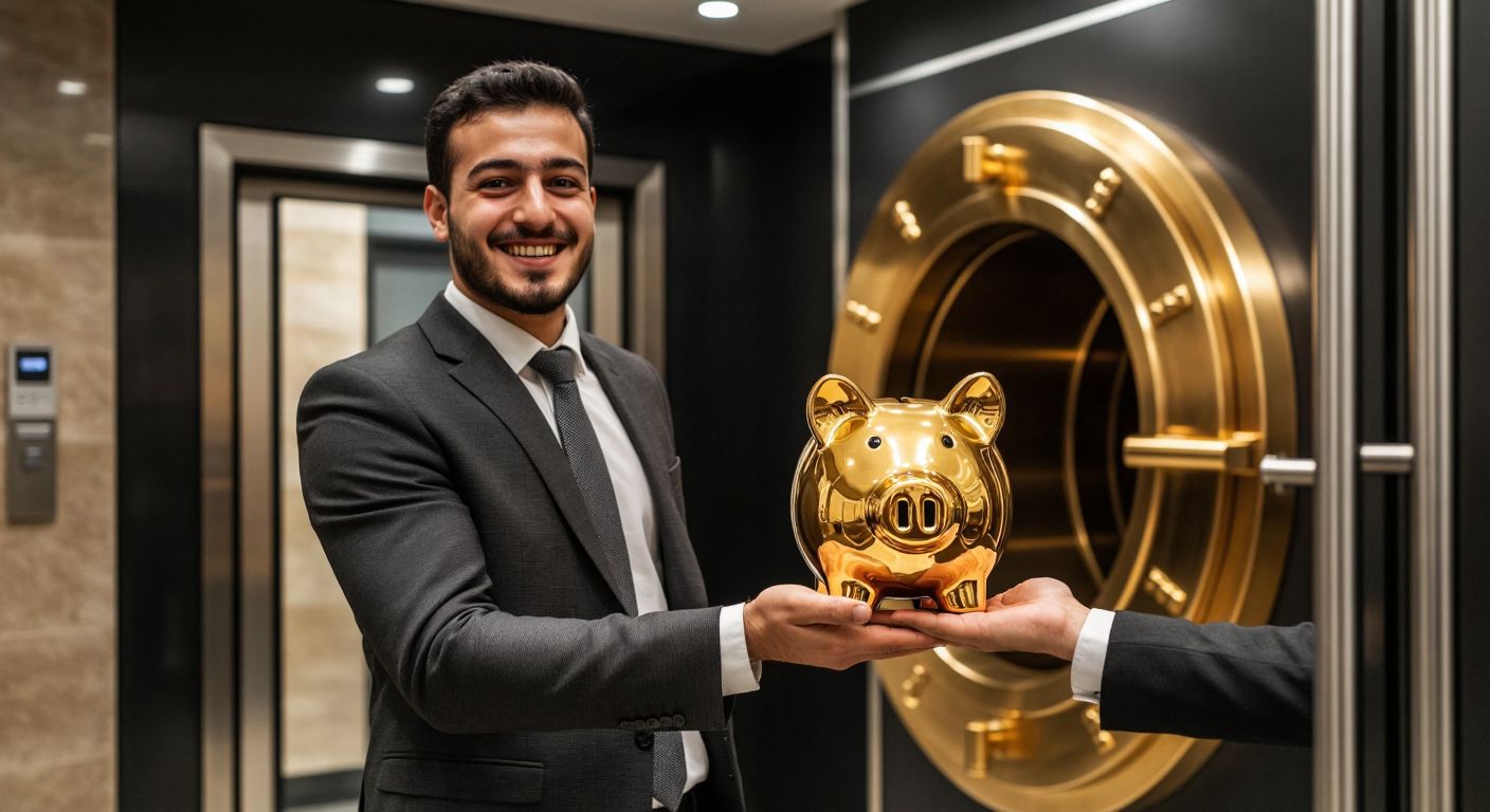 A smiling Turkish banker in a crisp suit hands a customer a golden piggy bank labeled with currency symbols (TL, USD, EUR) against a backdrop of a modern bank interior with a vault door slightly ajar.
