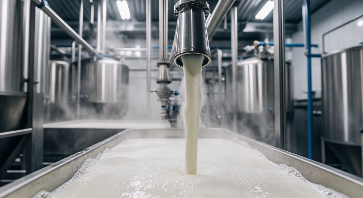 A stainless steel industrial spray dryer emits a fine mist of milk powder into a warm, sterile chamber, with fresh milk flowing through pipes in the background of a modern Turkish dairy factory.