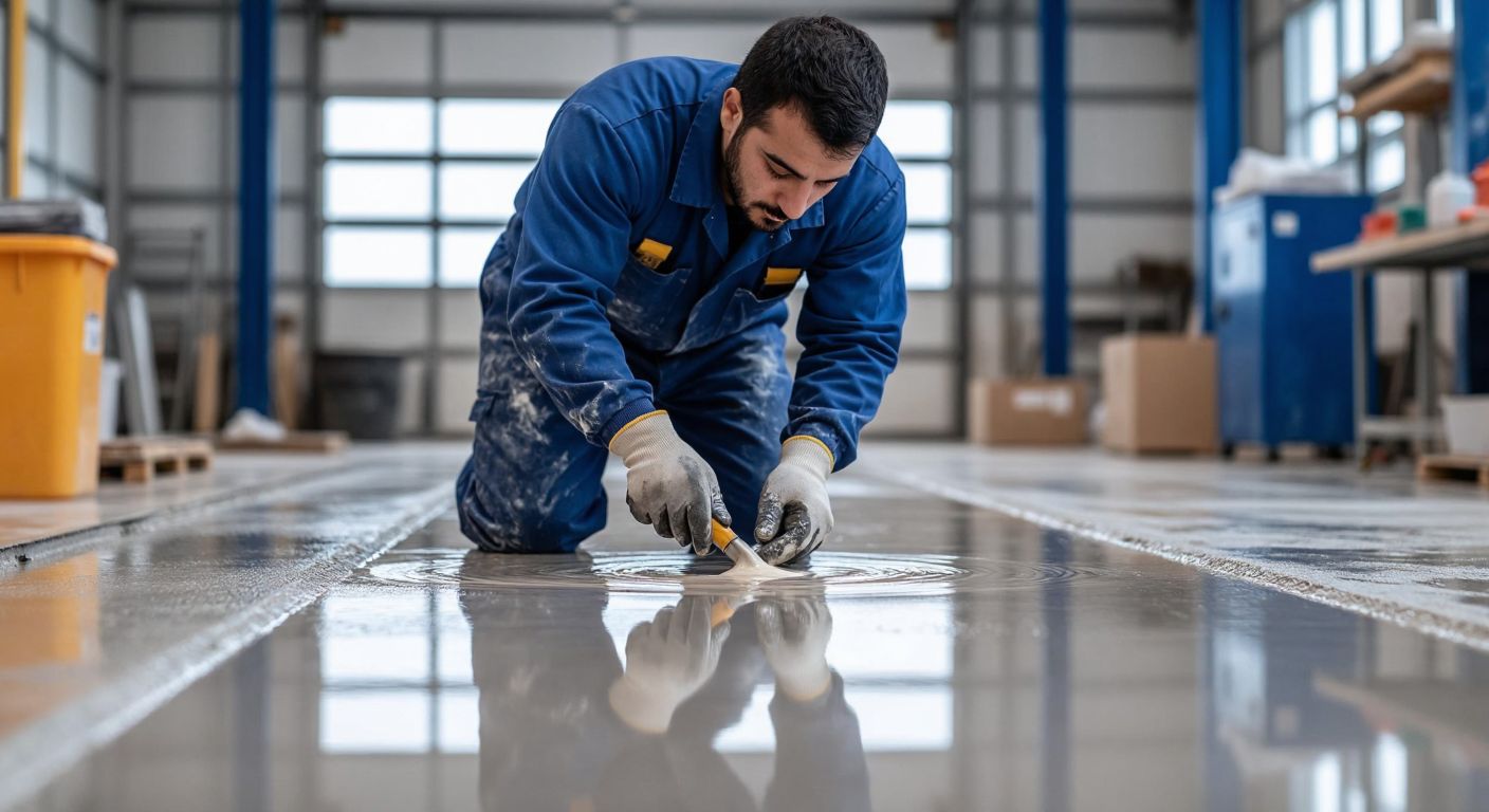 A focused Turkish worker in a blue jumpsuit carefully applies glossy epoxy resin to a clean, wet concrete surface in a bright workshop, with tools and materials neatly arranged nearby.