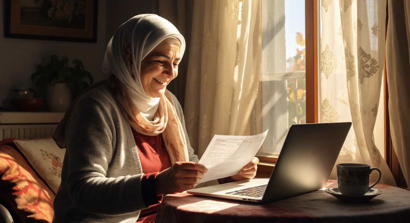 A middle-aged woman in a cozy Turkish home, wearing a headscarf and holding a paper bill, smiles while typing on a laptop with a cup of çay (tea) beside her, sunlight streaming through lace curtains.