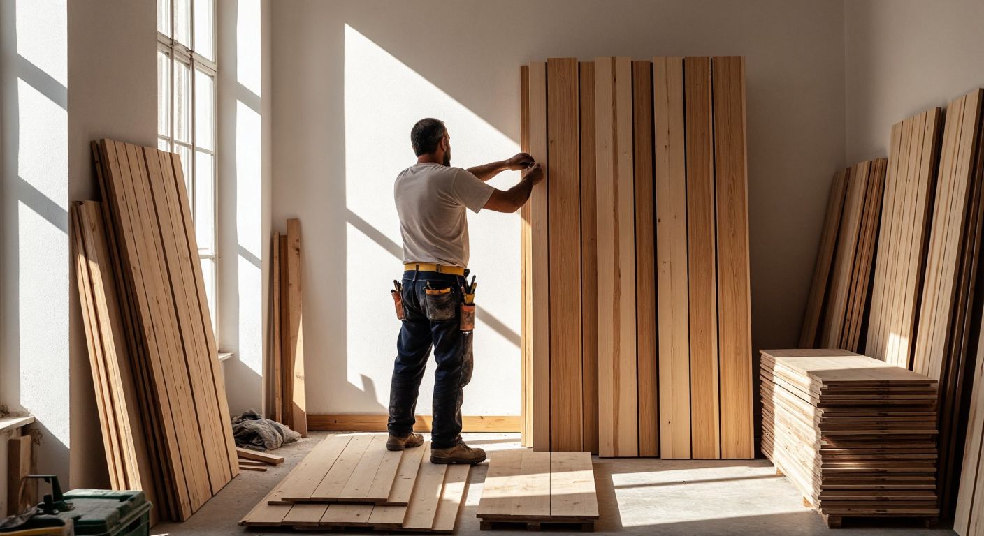 A Turkish carpenter in a sunlit, half-finished home measures wooden lambiri panels against tall white walls, while stacks of neatly arranged panels wait nearby.