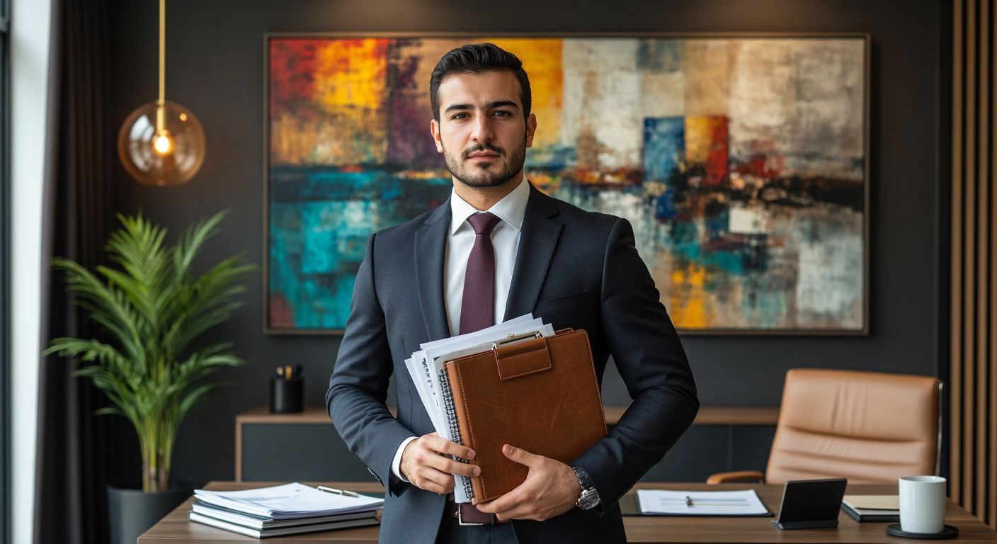 A confident Turkish businessman in a sleek suit stands in a modern office, holding a leather folder filled with diverse financial documents, while a vibrant abstract painting and a neatly arranged resume sit on the desk beside him.