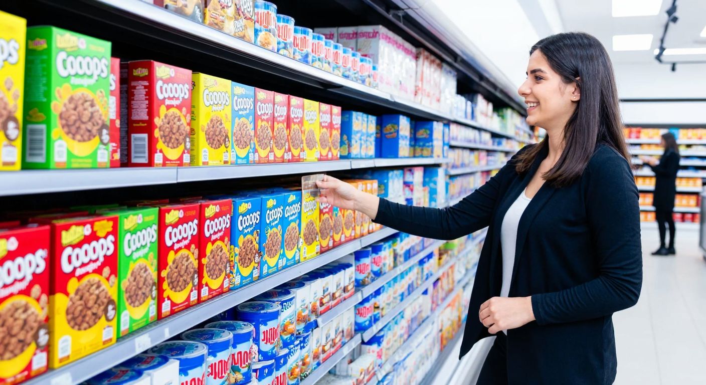 A bright Bim supermarket aisle in Turkey, with colorful boxes of Cocopops cereal prominently displayed on a shelf, a smiling shopper in casual clothing reaching for one.