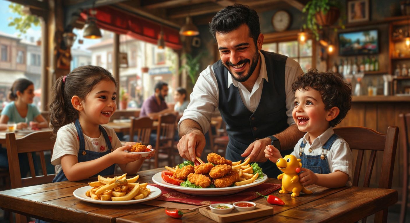 A cheerful Turkish family sits at a wooden table in a cozy restaurant, with a smiling waiter placing a colorful plate of chicken nuggets and fries alongside a small toy in front of an excited child.