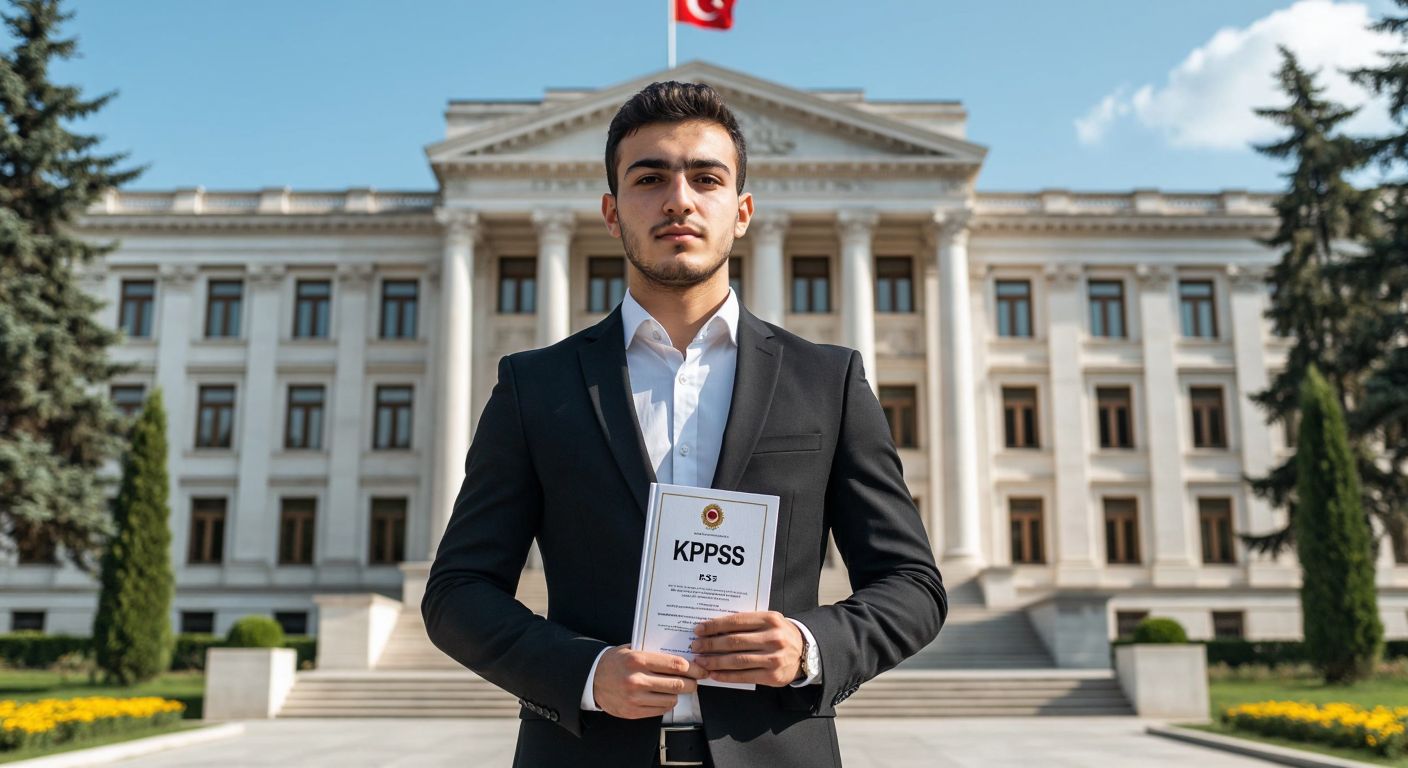 A young Turkish professional in formal attire stands confidently in front of a government building, holding a diploma in one hand and a KPSS exam booklet in the other, with a determined expression.