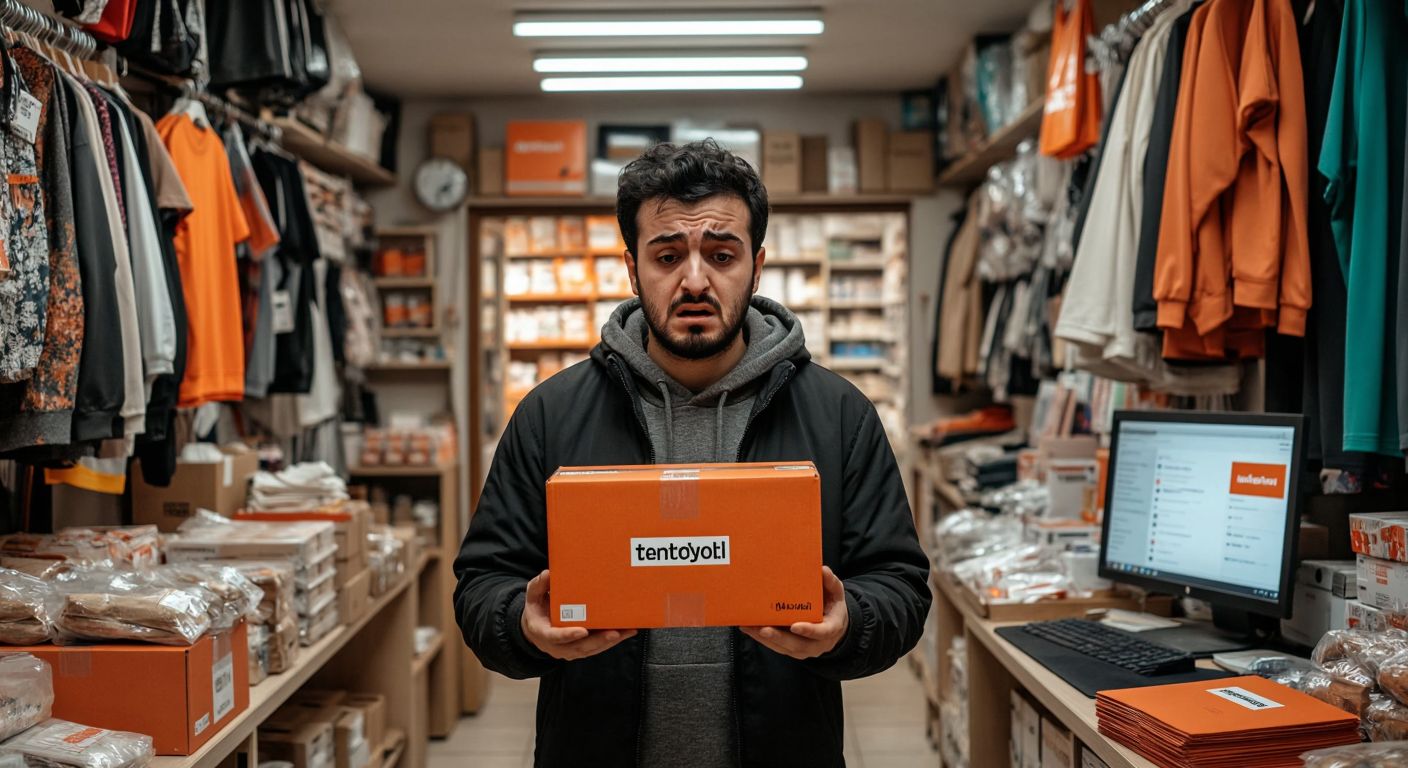 A frustrated Turkish shop owner in a small, cluttered store shakes their head while holding two separate Trendyol order packages, with a computer screen displaying multiple unmergeable order notifications in the background.