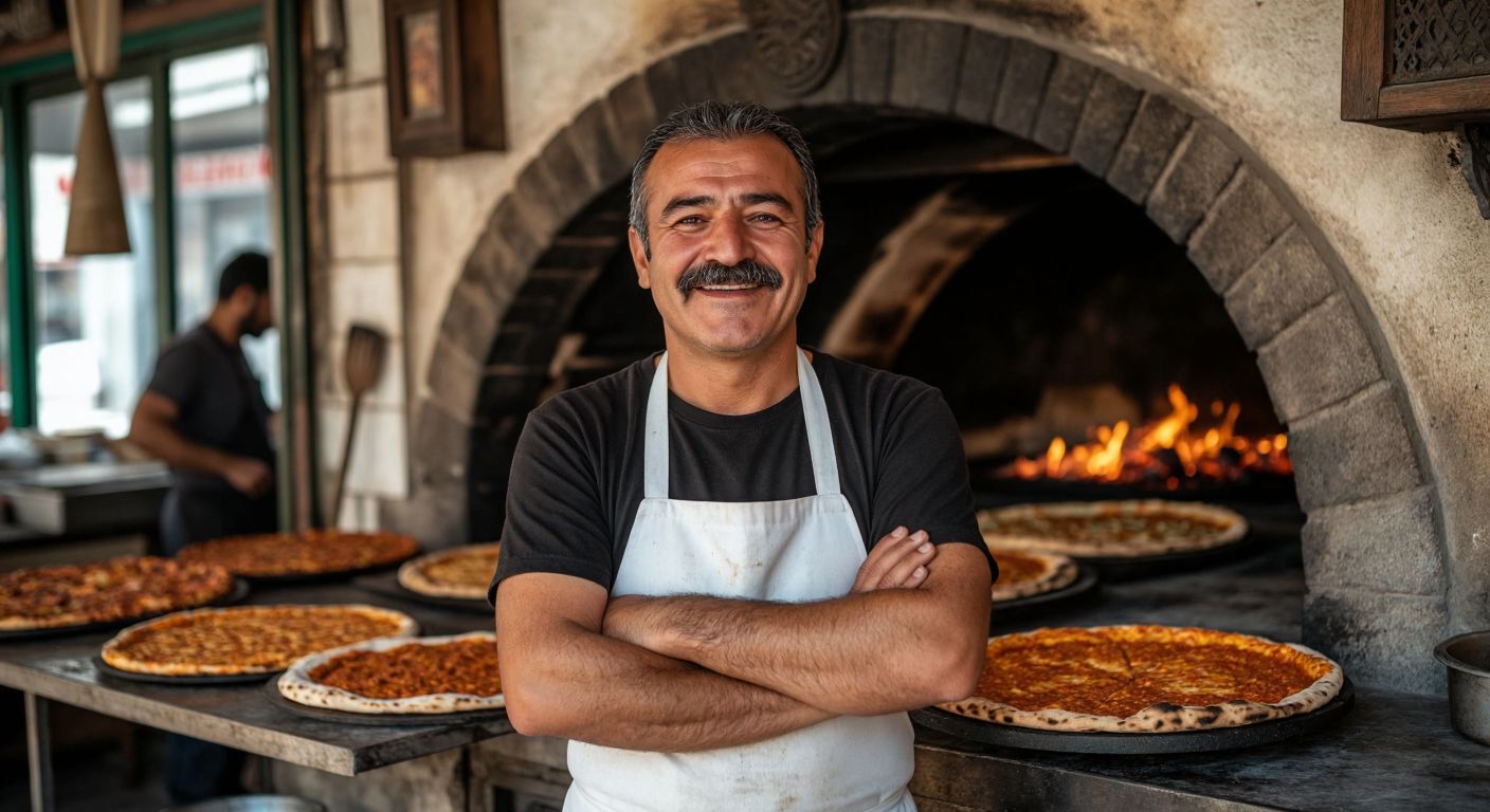 A smiling middle-aged Turkish man with a mustache, wearing a white apron, stands proudly in front of a bustling lahmacun shop with golden-brown lahmacuns baking in a stone oven.